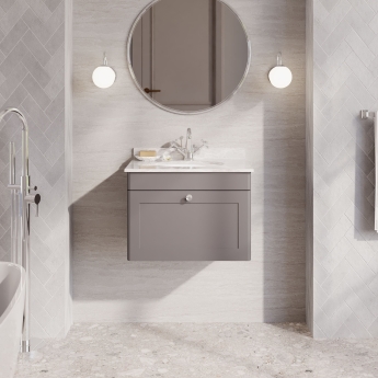 Nuie Classique Wall Hung 1-Drawer Vanity Unit with 1TH Grey Marble Top Basin 600mm Wide - Satin Grey | Product Image