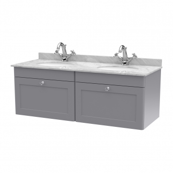 Nuie Classique Wall Hung 2-Drawer Vanity Unit with 1TH Grey Marble Top Basin 1200mm Wide - Satin Grey