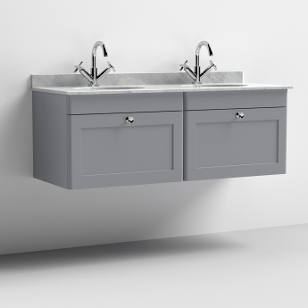 Nuie Classique Wall Hung 2-Drawer Vanity Unit with 1TH Grey Round Marble Top Basin 1200mm Wide - Satin Grey