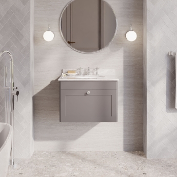 Nuie Classique Wall Hung 1-Drawer Vanity Unit with 3TH Grey Marble Top Basin 600mm Wide - Satin Grey | Product Image