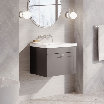 Nuie Classique Wall Hung 1-Drawer Vanity Unit with 0TH Contemporary Basin 600mm Wide - Satin Grey | Product Image