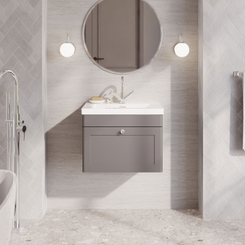 Nuie Classique Wall Hung 1-Drawer Vanity Unit with 1TH Contemporary Basin 600mm Wide - Satin Grey | Product Image