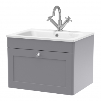 Nuie Classique Wall Hung 1-Drawer Vanity Unit with 1TH Stone Basin 600mm Wide - Satin Grey | Product Image