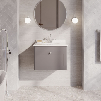 Nuie Classique Wall Hung 1-Drawer Vanity Unit with 1TH White Round Marble Top Basin 600mm Wide - Satin Grey | Product Image