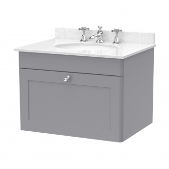 Nuie Classique Wall Hung 1-Drawer Vanity Unit with 3TH White Round Marble Top Basin 600mm Wide - Satin Grey