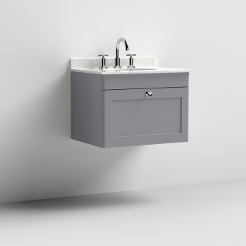 Nuie Classique Wall Hung 1-Drawer Vanity Unit with 3TH White Round Marble Top Basin 600mm Wide - Satin Grey