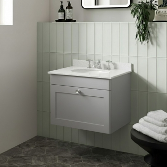 Nuie Classique Wall Hung 1-Drawer Vanity Unit with 3TH White Round Marble Top Basin 600mm Wide - Satin Grey