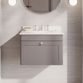 Nuie Classique Wall Hung 1-Drawer Vanity Unit with 3TH White Round Marble Top Basin 600mm Wide - Satin Grey | Product Image