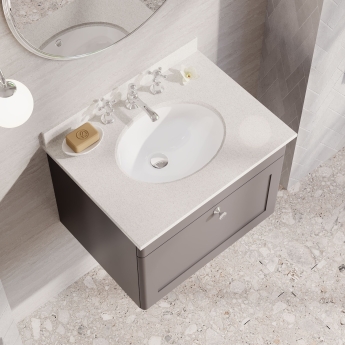 Nuie Classique Wall Hung 1-Drawer Vanity Unit with 3TH White Round Marble Top Basin 600mm Wide - Satin Grey | Product Image