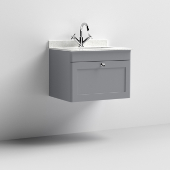 Nuie Classique Wall Hung 1-Drawer Vanity Unit with 1TH White Square Marble Top Basin 600mm Wide - Satin Grey