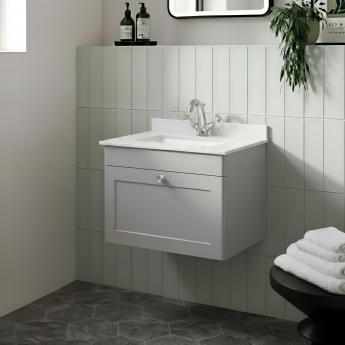 Nuie Classique Wall Hung 1-Drawer Vanity Unit with 1TH White Square Marble Top Basin 600mm Wide - Satin Grey