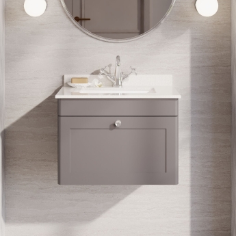 Nuie Classique Wall Hung 1-Drawer Vanity Unit with 1TH White Square Marble Top Basin 600mm Wide - Satin Grey | Product Image