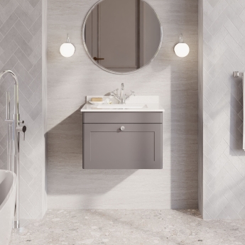Nuie Classique Wall Hung 1-Drawer Vanity Unit with 1TH White Square Marble Top Basin 600mm Wide - Satin Grey | Product Image