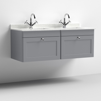 Nuie Classique Wall Hung 2-Drawer Vanity Unit with 1TH White Square Marble Top Basin 1200mm Wide - Satin Grey