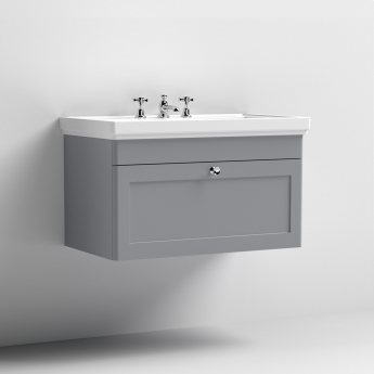 Nuie Classique Wall Hung 1-Drawer Vanity Unit with Basin 800mm Wide Satin Grey - 3 Tap Hole
