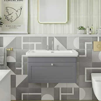 Nuie Classique Wall Hung 1-Drawer Vanity Unit with Basin 800mm Wide Satin Grey - 3 Tap Hole