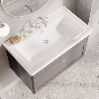 Nuie Classique Wall Hung 1-Drawer Vanity Unit with Basin 800mm Wide Satin Grey - 3 Tap Hole | Product Image
