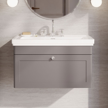 Nuie Classique Wall Hung 1-Drawer Vanity Unit with Basin 800mm Wide Satin Grey - 3 Tap Hole | Product Image
