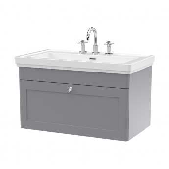 Nuie Classique Wall Hung 1-Drawer Vanity Unit with Basin 800mm Wide Satin Grey - 3 Tap Hole