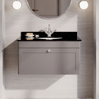 Nuie Classique Wall Hung 1-Drawer Vanity Unit with 1TH Black Marble Top Basin 800mm Wide - Satin Grey | Product Image