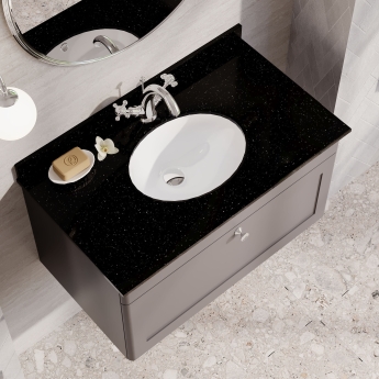 Nuie Classique Wall Hung 1-Drawer Vanity Unit with 1TH Black Marble Top Basin 800mm Wide - Satin Grey | Product Image