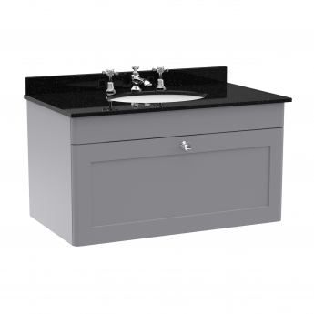 Nuie Classique Wall Hung 1-Drawer Vanity Unit with 3TH Black Marble Top Basin 800mm Wide - Satin Grey