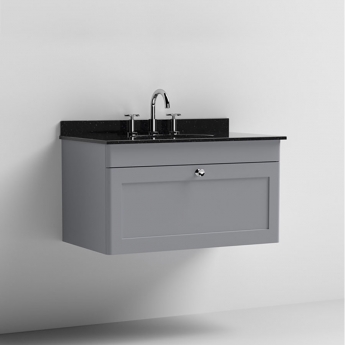 Nuie Classique Wall Hung 1-Drawer Vanity Unit with 3TH Black Marble Top Basin 800mm Wide - Satin Grey