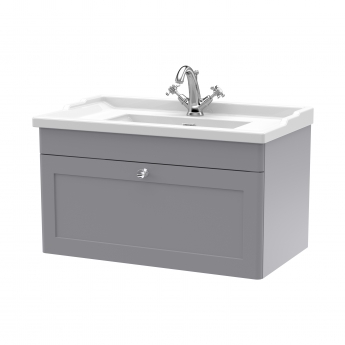 Nuie Classique Wall Hung 1-Drawer Vanity Unit with Traditional Basin 800mm Wide Satin Grey - 1 Tap Hole