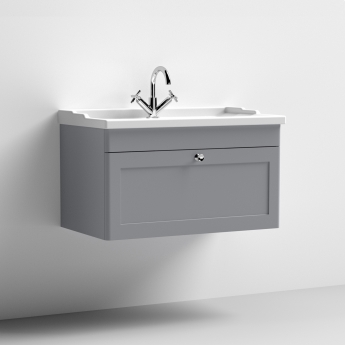 Nuie Classique Wall Hung 1-Drawer Vanity Unit with Traditional Basin 800mm Wide Satin Grey - 1 Tap Hole