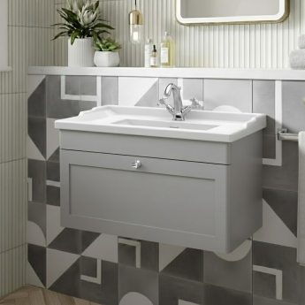 Nuie Classique Wall Hung 1-Drawer Vanity Unit with Traditional Basin 800mm Wide Satin Grey - 1 Tap Hole