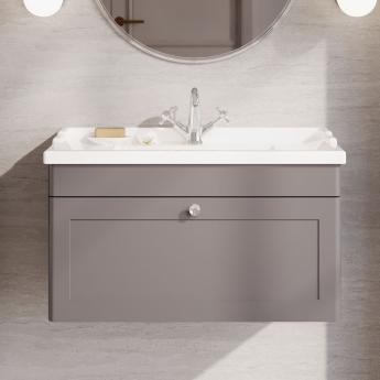 Nuie Classique Wall Hung 1-Drawer Vanity Unit with Traditional Basin 800mm Wide Satin Grey - 1 Tap Hole | Product Image