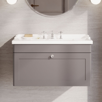 Nuie Classique Wall Hung 1-Drawer Vanity Unit with Traditional Basin 800mm Wide Satin Grey - 3 Tap Hole | Product Image