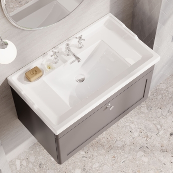 Nuie Classique Wall Hung 1-Drawer Vanity Unit with Traditional Basin 800mm Wide Satin Grey - 3 Tap Hole | Product Image