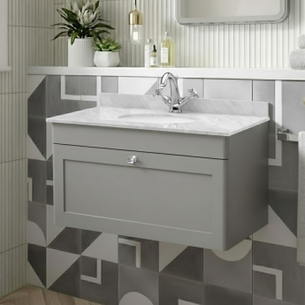 Nuie Classique Wall Hung 1-Drawer Vanity Unit with 1TH Grey Marble Top Basin 800mm Wide - Satin Grey