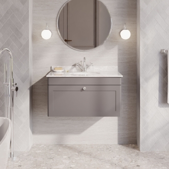 Nuie Classique Wall Hung 1-Drawer Vanity Unit with 1TH Grey Marble Top Basin 800mm Wide - Satin Grey | Product Image