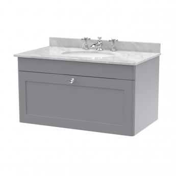 Nuie Classique Wall Hung 1-Drawer Vanity Unit with 3TH Grey Marble Top Basin 800mm Wide - Satin Grey