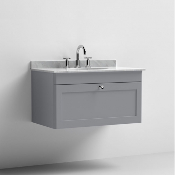 Nuie Classique Wall Hung 1-Drawer Vanity Unit with 3TH Grey Marble Top Basin 800mm Wide - Satin Grey