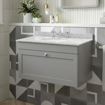 Nuie Classique Wall Hung 1-Drawer Vanity Unit with 3TH Grey Marble Top Basin 800mm Wide - Satin Grey