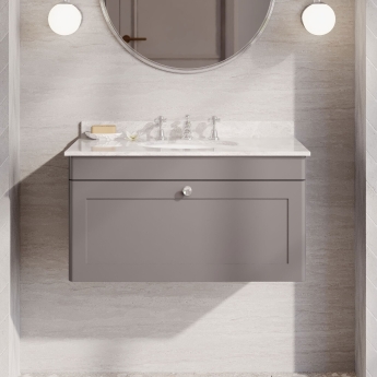 Nuie Classique Wall Hung 1-Drawer Vanity Unit with 3TH Grey Marble Top Basin 800mm Wide - Satin Grey | Product Image