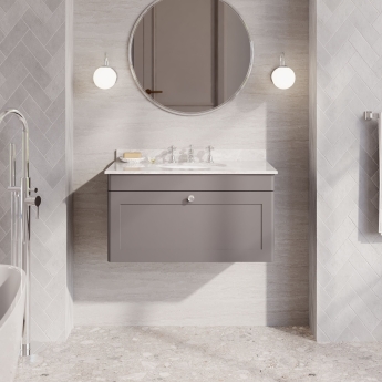 Nuie Classique Wall Hung 1-Drawer Vanity Unit with 3TH Grey Marble Top Basin 800mm Wide - Satin Grey | Product Image