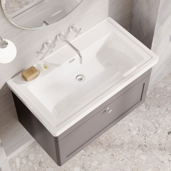 Nuie Classique Wall Hung 1-Drawer Vanity Unit with Traditional Basin 800mm Wide Satin Grey - 0 Tap Hole | Product Image