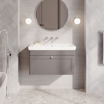 Nuie Classique Wall Hung 1-Drawer Vanity Unit with Traditional Basin 800mm Wide Satin Grey - 0 Tap Hole | Product Image