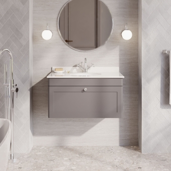 Nuie Classique Wall Hung 1-Drawer Vanity Unit with 1TH White Round Marble Top Basin 800mm Wide - Satin Grey | Product Image