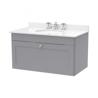 Nuie Classique Wall Hung 1-Drawer Vanity Unit with 3TH White Round Marble Top Basin 800mm Wide - Satin Grey