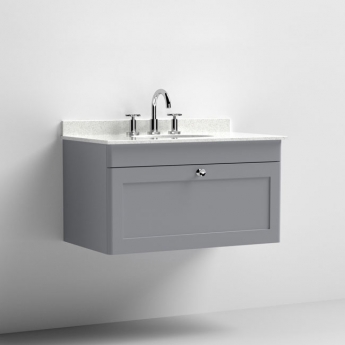 Nuie Classique Wall Hung 1-Drawer Vanity Unit with 3TH White Round Marble Top Basin 800mm Wide - Satin Grey