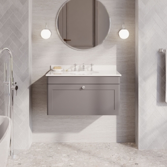 Nuie Classique Wall Hung 1-Drawer Vanity Unit with 3TH White Round Marble Top Basin 800mm Wide - Satin Grey | Product Image