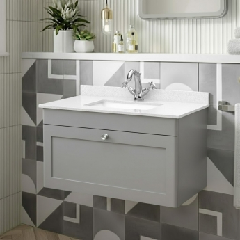Nuie Classique Wall Hung 1-Drawer Vanity Unit with 1TH White Square Marble Top Basin 800mm Wide - Satin Grey