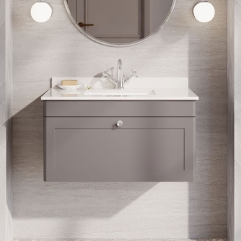 Nuie Classique Wall Hung 1-Drawer Vanity Unit with 1TH White Square Marble Top Basin 800mm Wide - Satin Grey | Product Image