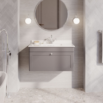 Nuie Classique Wall Hung 1-Drawer Vanity Unit with 1TH White Square Marble Top Basin 800mm Wide - Satin Grey | Product Image