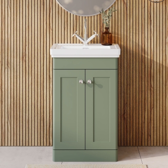 Nuie Classique Floor Standing 2-Door Vanity Unit with Basin 500mm Wide Satin Green - 1 Tap Hole | Product Image